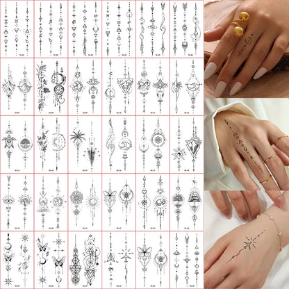 30pcs Black Temporary Tattoo Stickers - Flower Butterfly Rose Moon Star Mandala Designs for Hand, Chest & Body Art