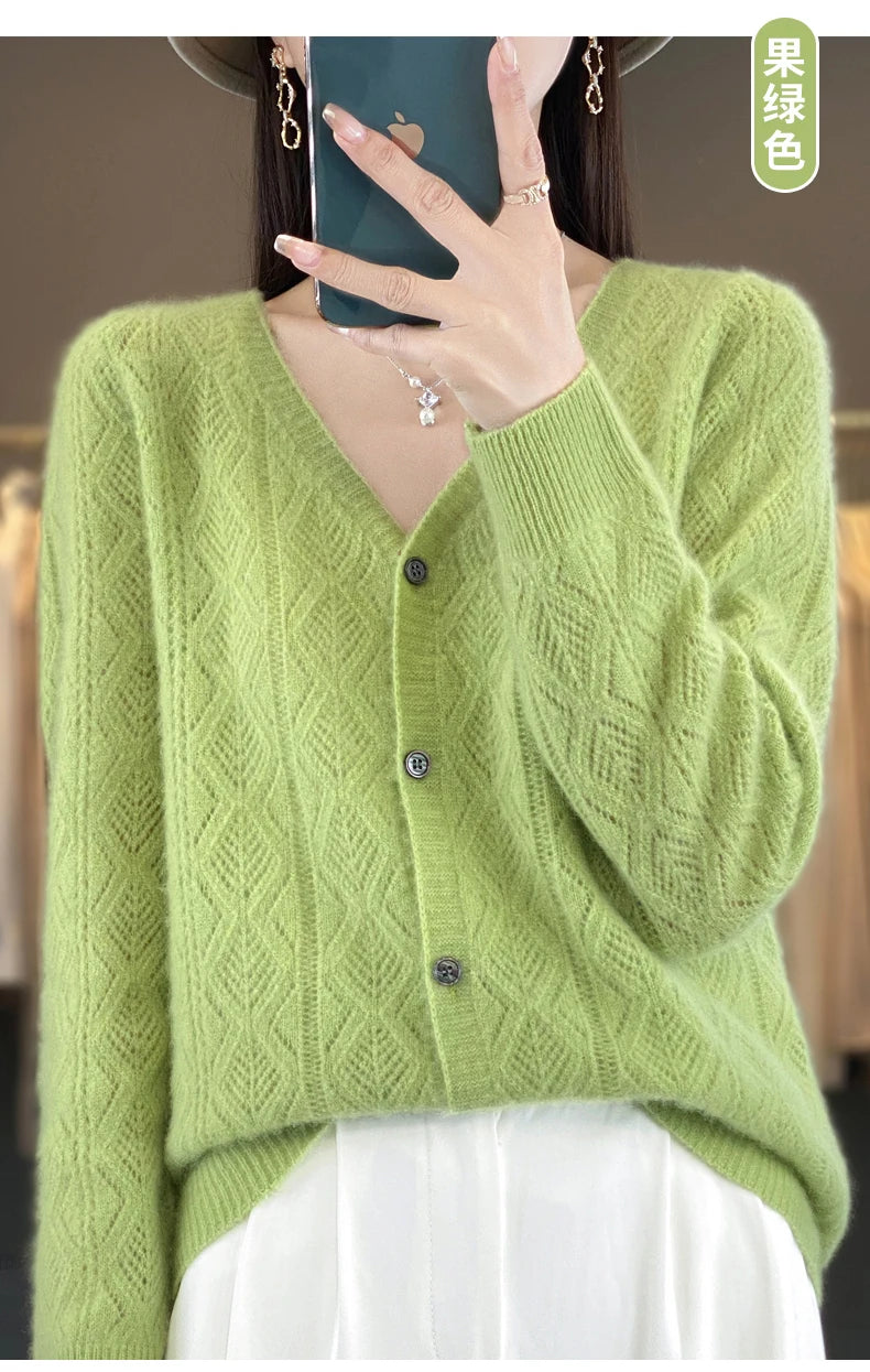 Women's 100% Wool Cashmere Cardigan – V-Neck, Super Soft, Loose Fit, Long Sleeve Knit Sweater