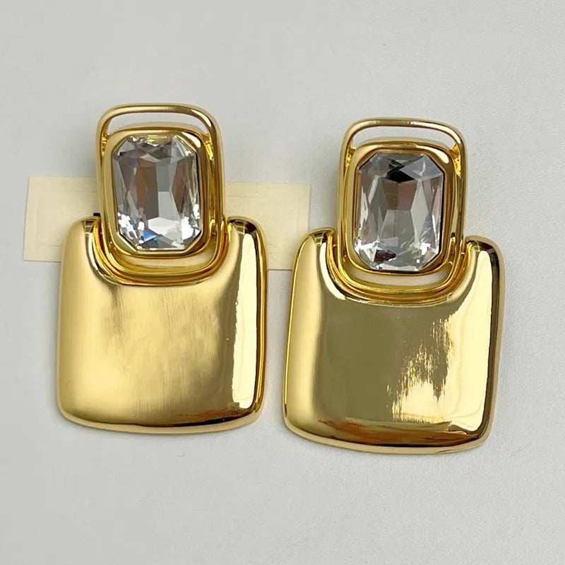 Vintage Large Geometric Crystal Earrings – Exaggerated Metal Statement Jewelry for Women