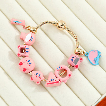 Pink Kirby Gold-Plated Charm Bangle Bracelet - Kawaii Anime Enamel Jewelry Accessory for Fans