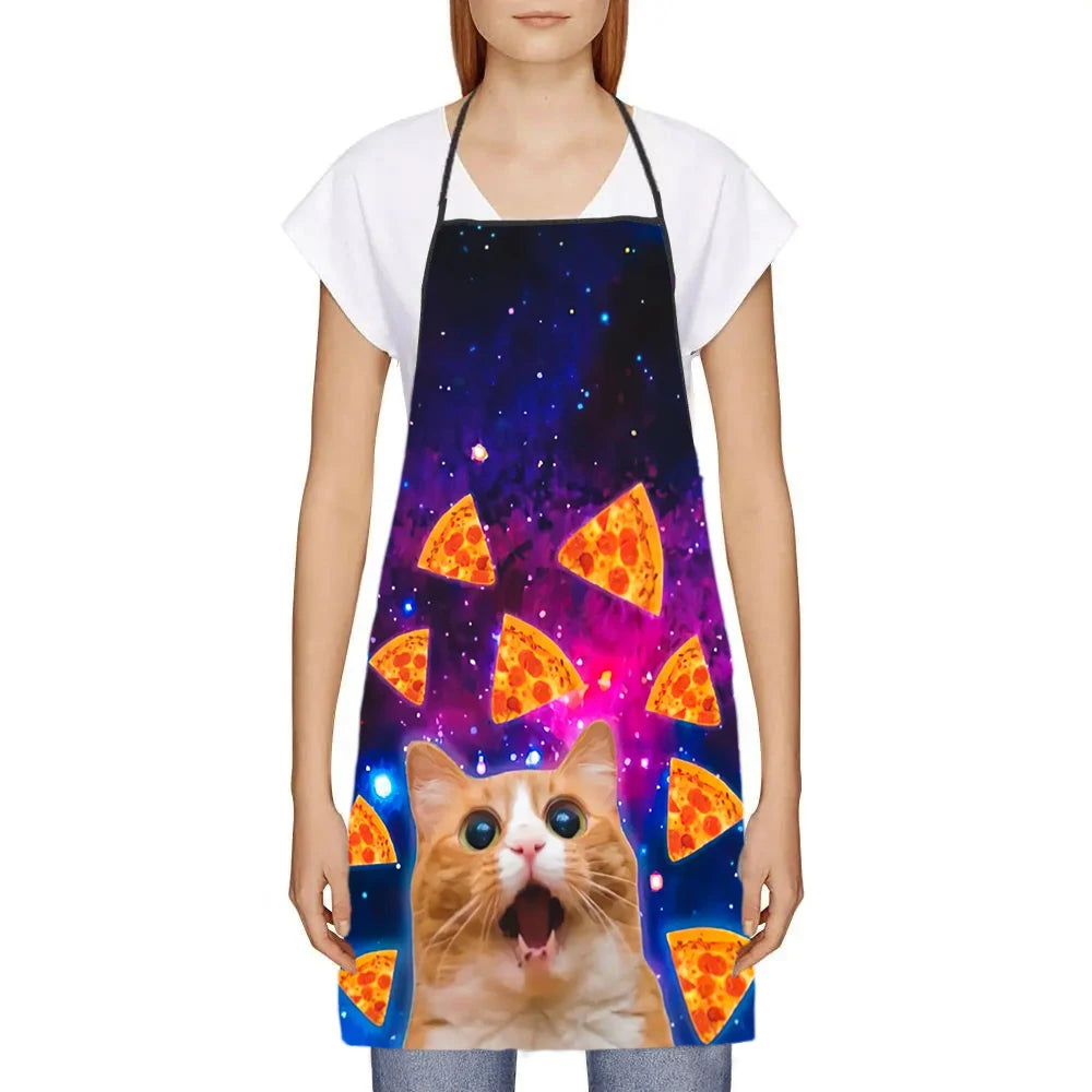 Unisex Space Pizza Cat Meme Bib Apron – 68x95cm Funny Animal Cooking & Baking Tablier for Adults