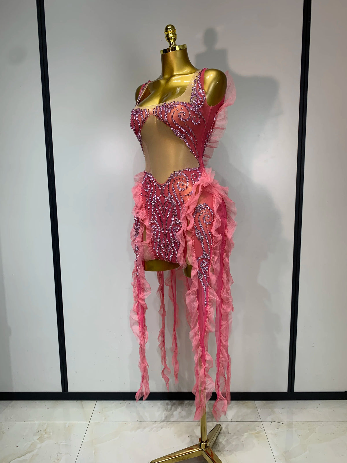 Shining Rhinestone Tassel Mesh Dress - Sheer Evening Party & Stage Performance Outfit