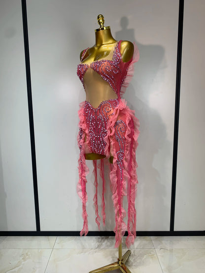 Shining Rhinestone Tassel Mesh Dress - Sheer Evening Party & Stage Performance Outfit
