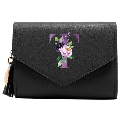 Women's RFID Leather Wallet - Compact Luxury Mini Purse With ID Window, Purple Letter Pattern & Card Holder Design