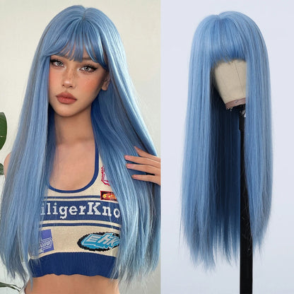 LOUIS FERRE Straight White Synthetic Wig – Long Natural Hair Wig with Bangs, Heat Resistant, Daily Wear for White Women