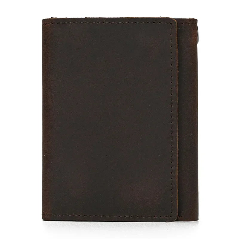 Men’s Genuine Leather Short Wallet with Chain – Trifold Zipper Clutch, Card Holder & Coin Purse