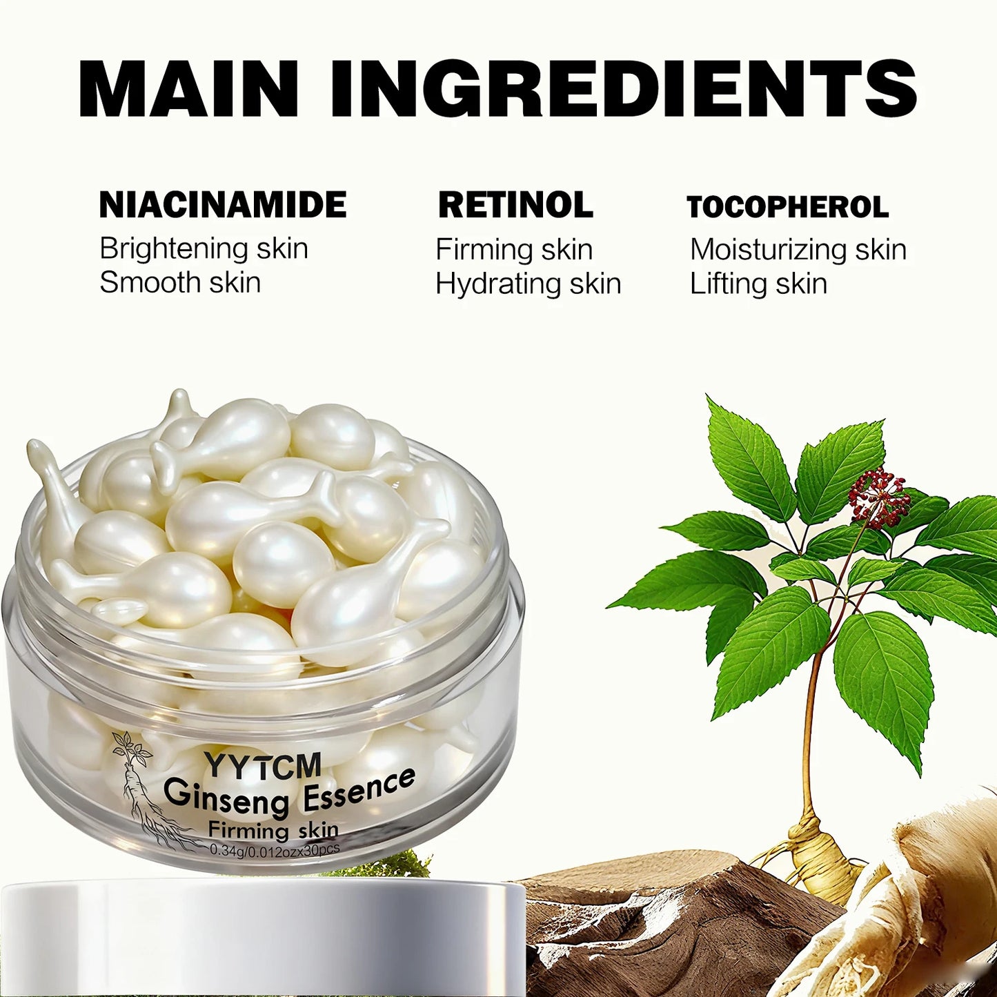 Ginseng Essence Capsules - Moisturizing Firming Serum with Retinol, Niacinamide & Vitamin E