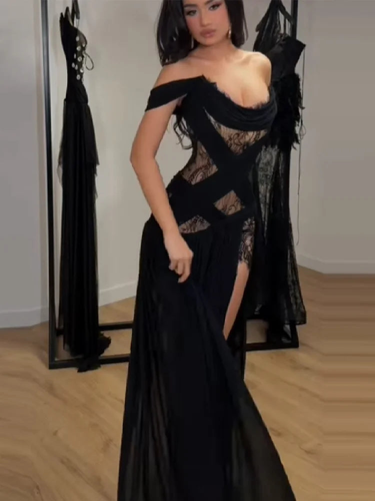 Elegant Lace Patchwork Strapless Dress – Sexy Off-Shoulder High Waist Long Skirt Y2K Gothic Party Gown