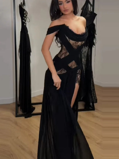 Elegant Lace Patchwork Strapless Dress – Sexy Off-Shoulder High Waist Long Skirt Y2K Gothic Party Gown