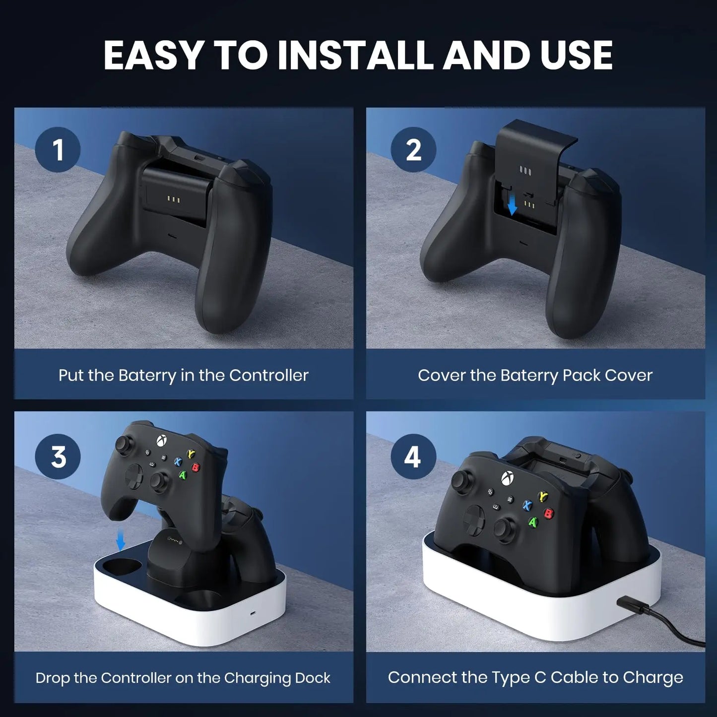 NEWDERY Xbox Controller Charging Station — Fast Charge Dock for Xbox One, Series X & S with 2×1100mAh Battery Packs