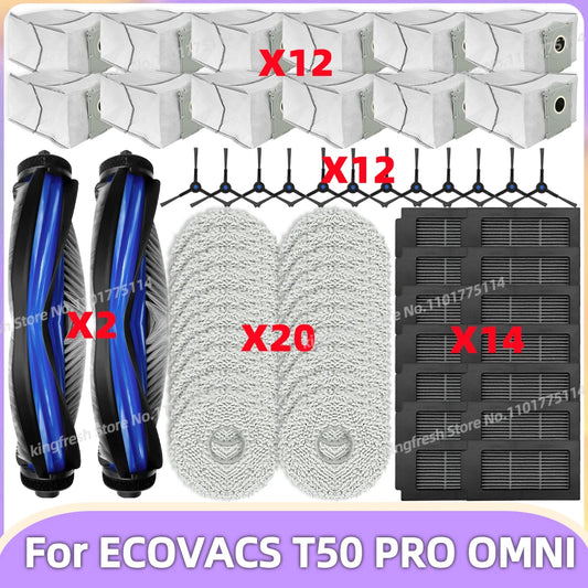ECOVACS T50 PRO/OMNI Vacuum Replacement Parts – Main Roller, Side Brush, HEPA Filter, Mop Cloth & Dust Bag