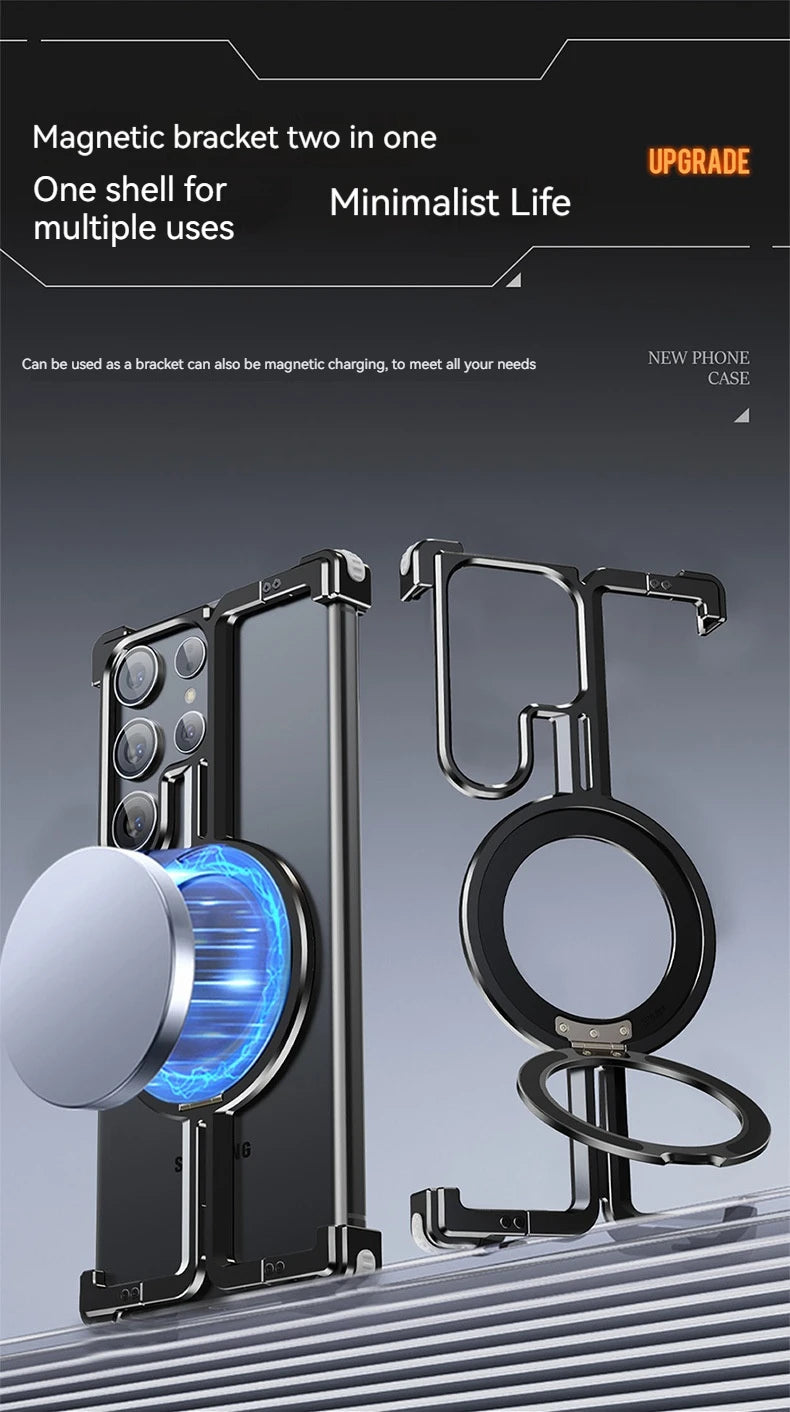 Magnetic Metal Phone Case for Samsung Galaxy S24/S23 Ultra – Aluminum Alloy Frameless Bumper with Finger Ring