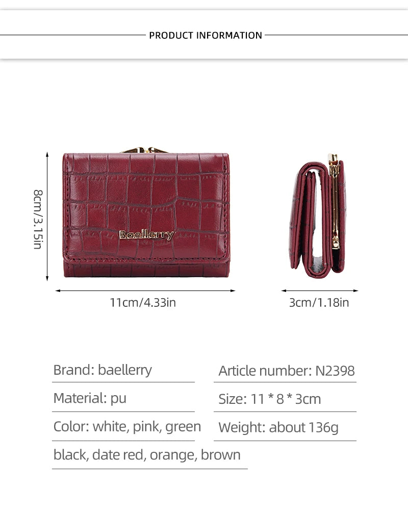 Baellerry Short Women’s Wallet — Crocodile Pattern Coin & Card Holder with Photo Slots, Hasp Purse for Girls