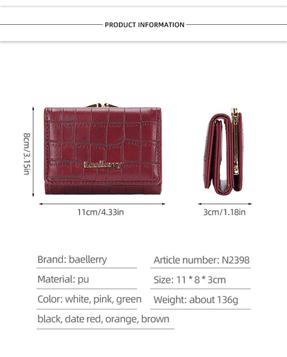 Baellerry Short Women’s Wallet — Crocodile Pattern Coin & Card Holder with Photo Slots, Hasp Purse for Girls