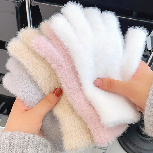 Fashion Winter Mink Velvet Gloves for Women - Plush Warm Cold-Proof Five Finger Mittens, Ideal for Outdoor Cycling in Solid Colors