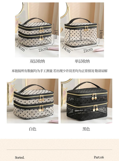 Double-Layer Black Mesh Cosmetic Bag – Large Capacity Travel Makeup Case Organizer with Zipper Toiletry Pouch