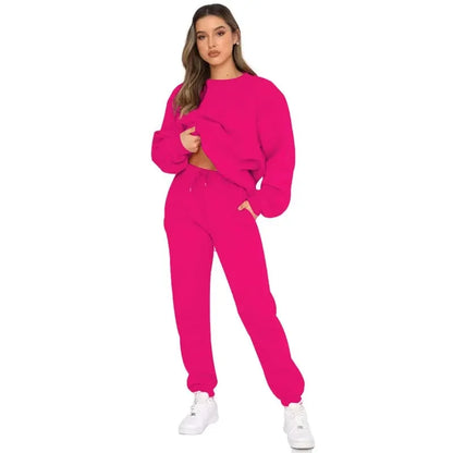 Women’s Casual Long Sleeve Sweatshirt & Pants Set – Solid Color Pullover Trousers, Round Neck Autumn Winter Outfit