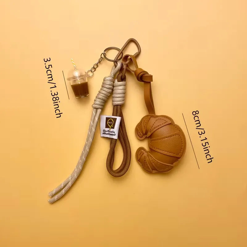 Croissant Bread Keychain - Braided Rope Heart Bag Charm & Phone Lanyard Gift