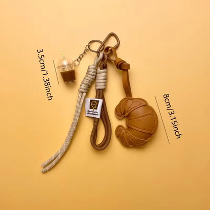 Croissant Bread Keychain - Braided Rope Heart Bag Charm & Phone Lanyard Gift