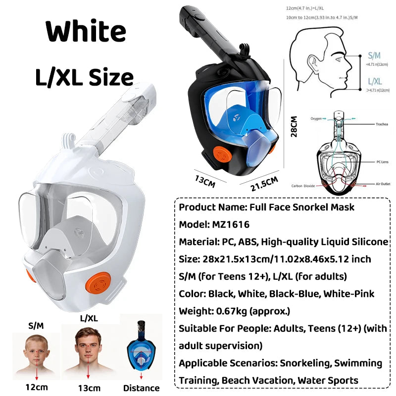 Full Face Snorkel Mask - 180° Panoramic Anti-Fog Dry-Top Leak-Resistant Diving Gear for Adults