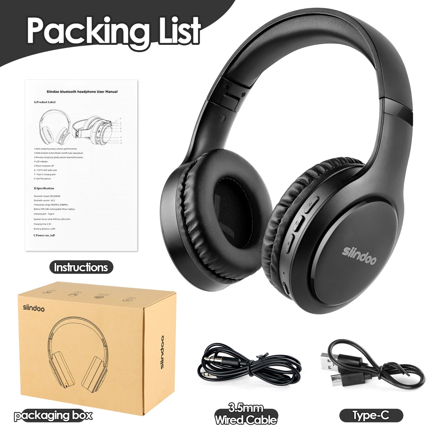 Siindoo JH-919 Foldable Wireless Headphones – Bluetooth Stereo Earphones with Mic & Super Bass, 4 Colors for iPhone, Laptop, PC