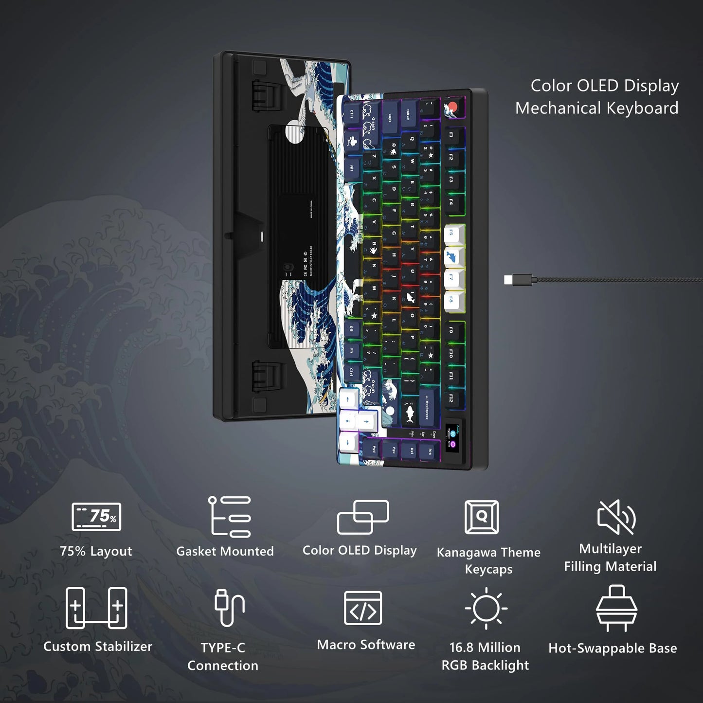 Wired Mechanical Gaming Keyboard with OLED Display – Hot-Swappable Pudding Keycaps, Full RGB Backlit for PC & Laptop