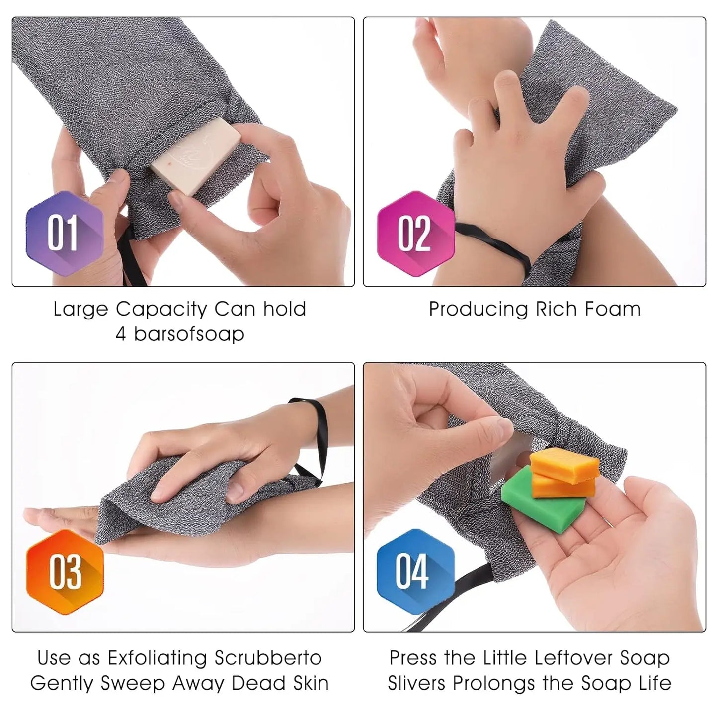 3 PCS Soap Exfoliating Bag Set: Mesh Woven Body Foam Scrubber Pouch for Bathroom Shower - Soap Saver Pocket Sponge Exfoliator