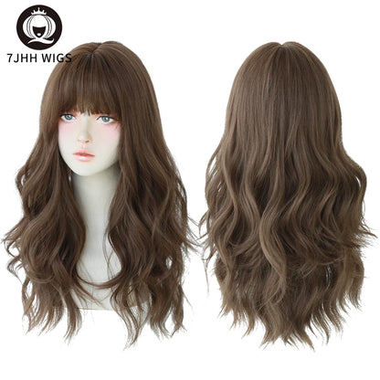 7JHH Brown Ash Long Deep Wave Lolita Wig for Women — Synthetic Hair with Bangs, Thick Curly Fashion Wig