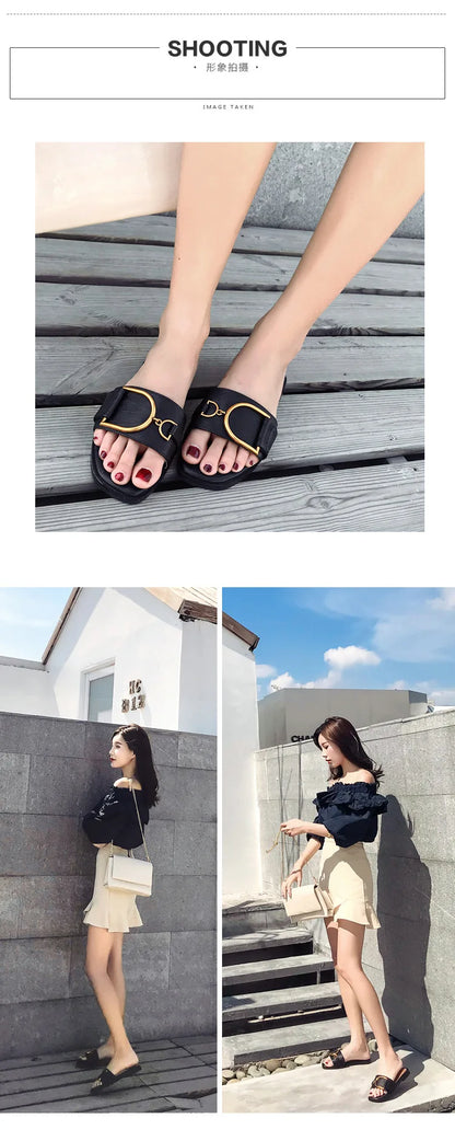 Women’s Flat Slippers — Summer Leather Square Toe Flats, Designer Slides & Luxury Sandals