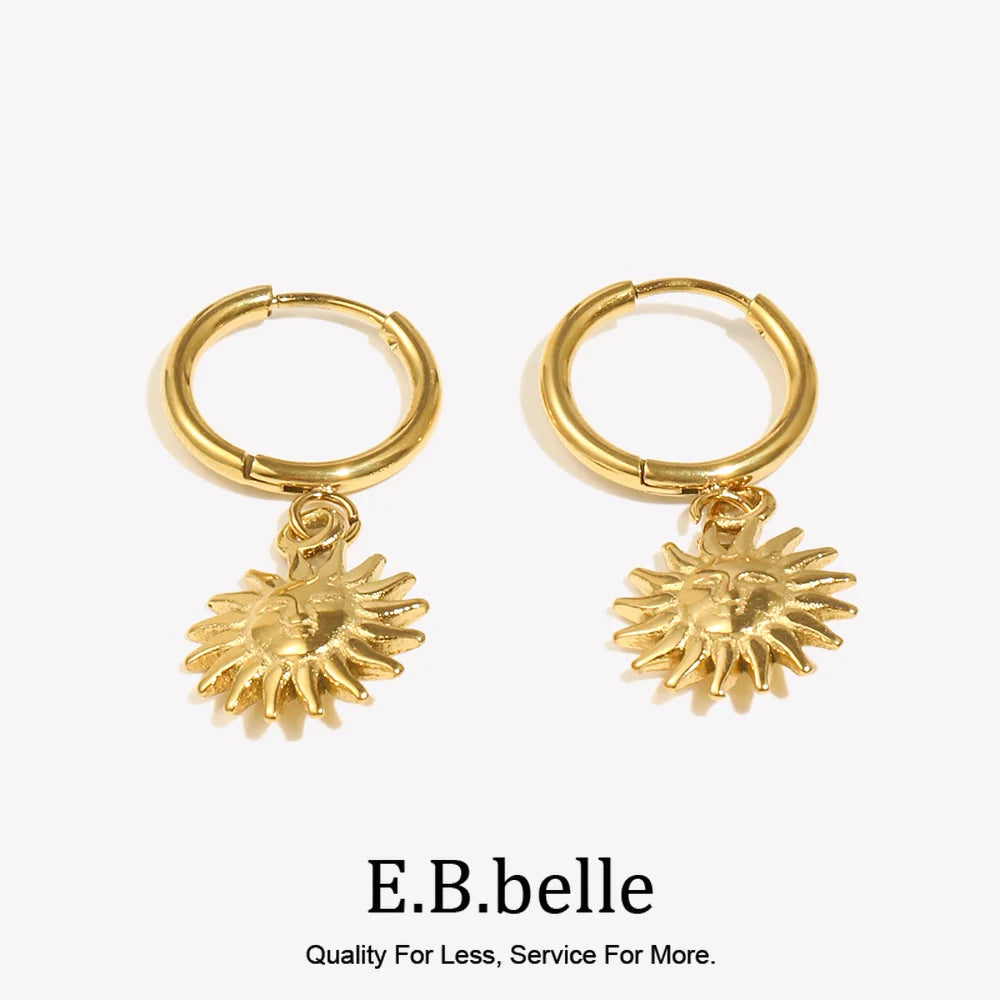 E.B.belle Y2K Sun Pendant Hoop Earrings – Gold Plated Cute Holiday Fashion Jewelry for Women & Girls