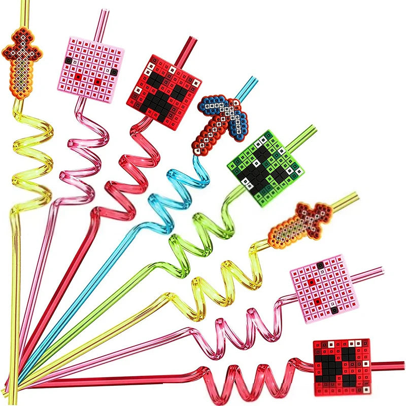 5PCS Pixel Spiral Reusable Drinking Straws – Fun Plastic Juice Straws for Kids Birthday Party Favors & Decorations