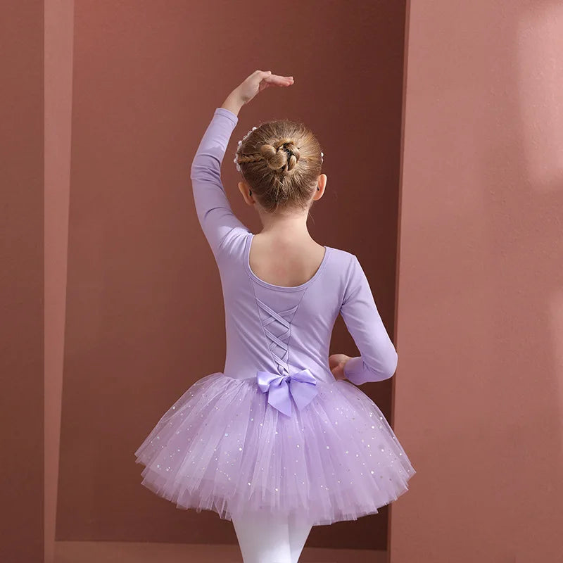 Girls Ballet Tutu Dress — Kids Short & Long Sleeve Tulle Leotard with Bowknot for Dance, Gymnastics & Party