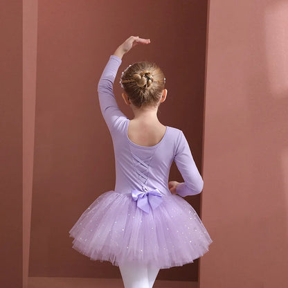 Girls Ballet Tutu Dress — Kids Short & Long Sleeve Tulle Leotard with Bowknot for Dance, Gymnastics & Party