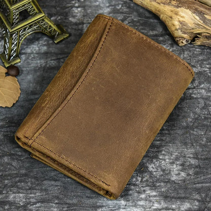 Men’s Genuine Leather Short Wallet with Chain – Trifold Zipper Clutch, Card Holder & Coin Purse