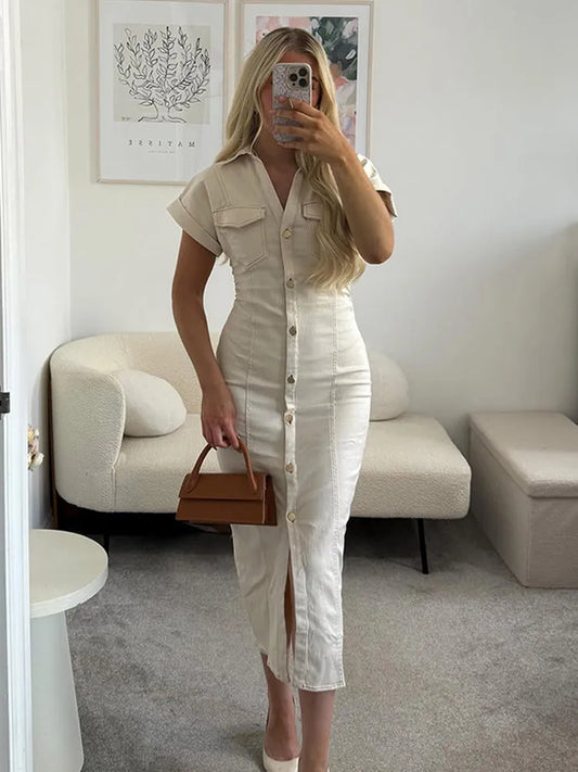 Women’s Chic White Denim Dress – Casual Lapel Long Slim Maxi, Single-Breasted Short Sleeve Summer Dress