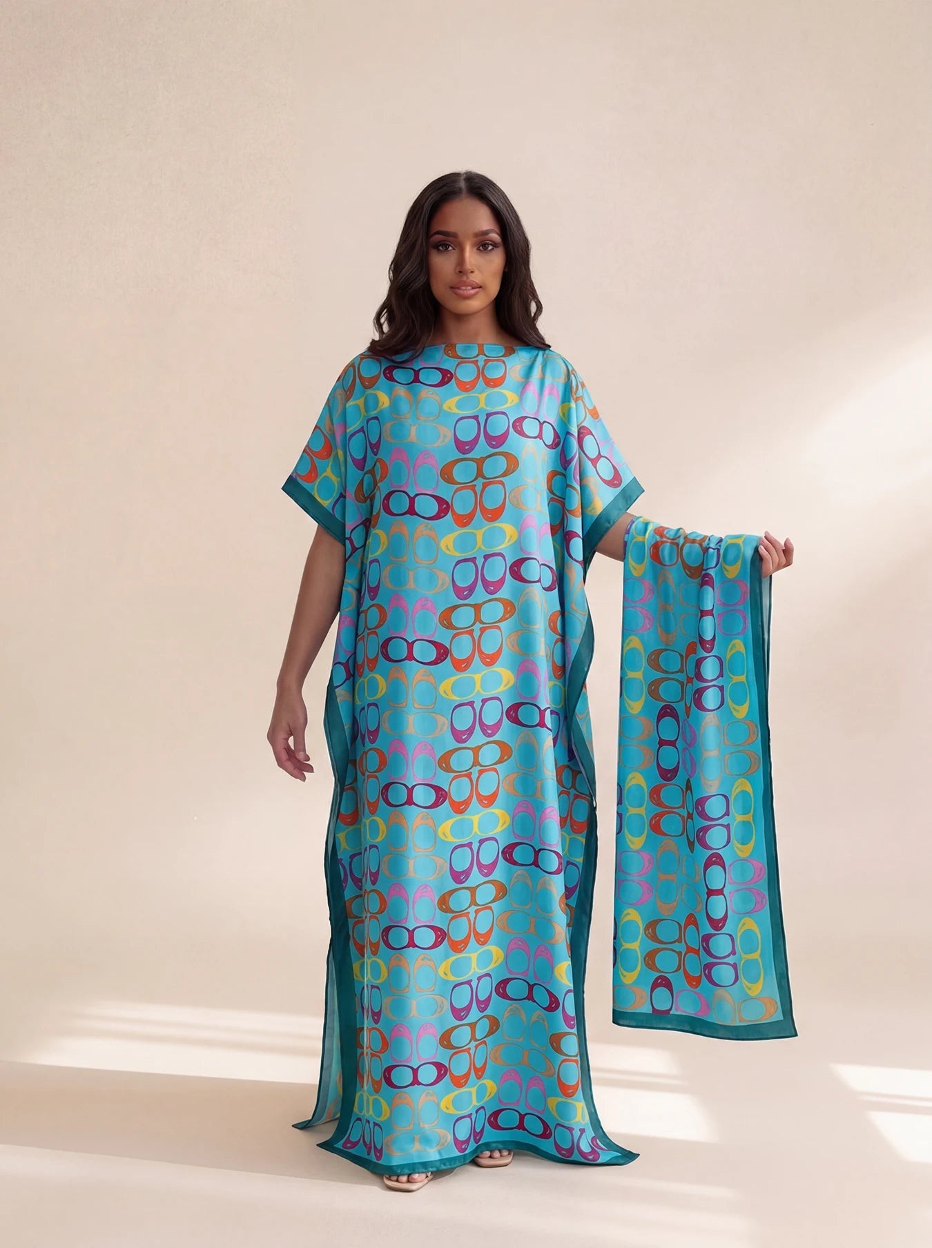 Long Silk Blend Beach Cover Up Dress - Elegant Middle Eastern Print Loose Robe for Women