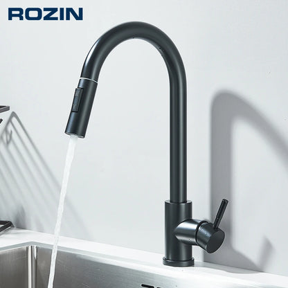 Black Pull-Out Kitchen Faucet - Deck Mounted, Flexible Hot & Cold Water Sink Mixer Tap with Stream & Shower Modes Nozzle