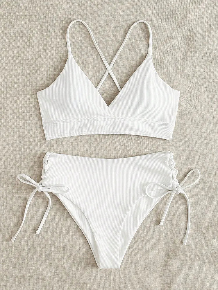 Cikini V-Neck Split Bikini Set – Sexy Lace-Up Triangular Solid Color Swimwear for Women