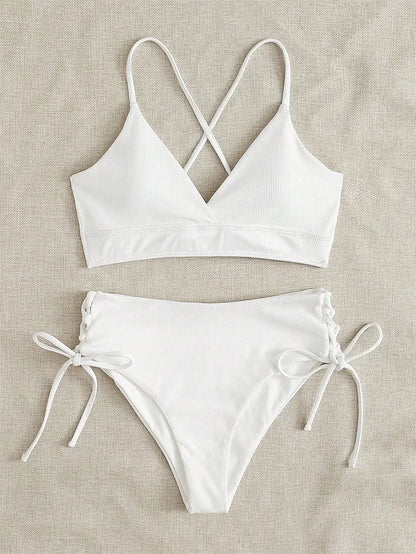 Cikini V-Neck Split Bikini Set – Sexy Lace-Up Triangular Solid Color Swimwear for Women