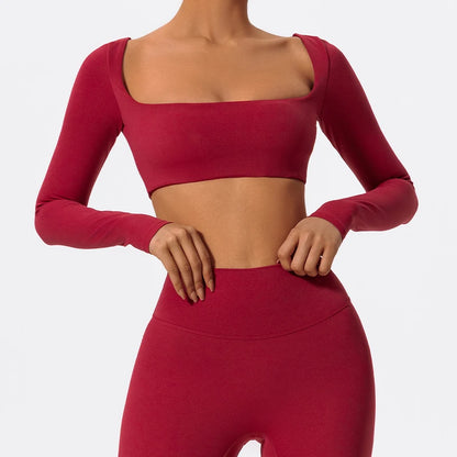 Hearuisavy Women’s Quick-Dry Sports Crop Top - Square Neck Long Sleeve Gym, Yoga, and Fitness Shirt