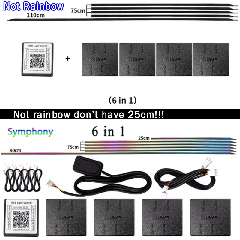6/10/14/18-in-1 LED Car Ambient Lights – RGB 213 64-Color Acrylic Strips, Rainbow Symphony Streamer Interior Atmosphere Lamp Kit
