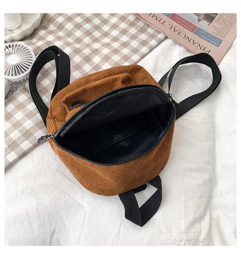 Women's Mini Backpack - Fashionable Solid Color Corduroy Casual Schoolbag with Large Capacity
