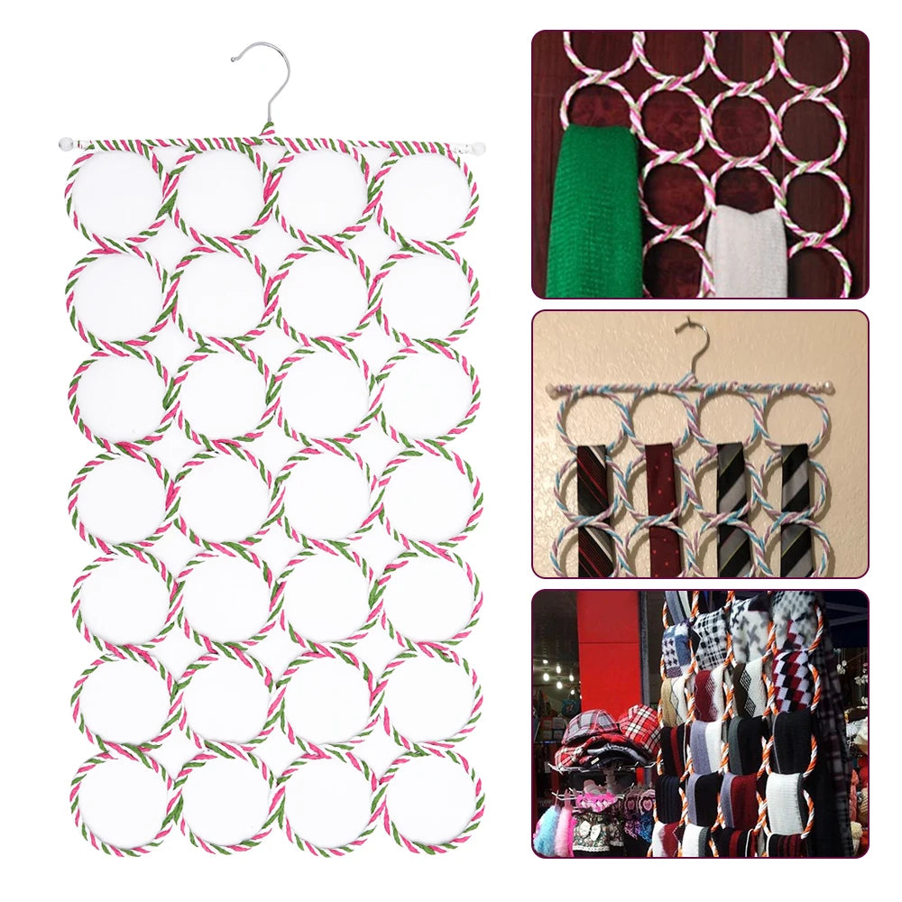 28-Hole Foldable Scarf Organizer - Rattan Weave Tie, Belt, and Shawl Hanger, Wardrobe Storage Display Rack