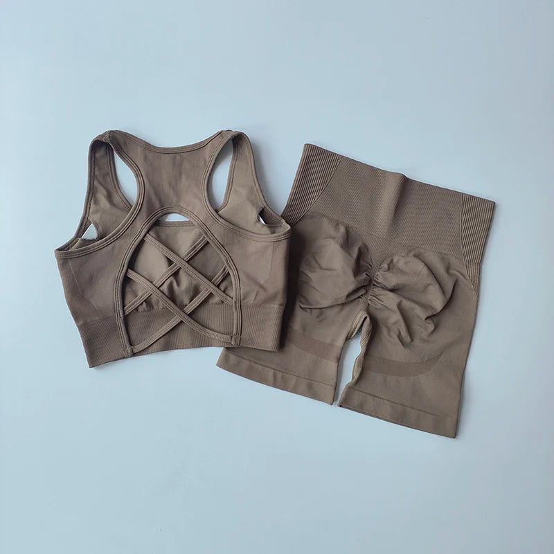 2-Piece Women’s Seamless Yoga Set – Sexy Sport Bra & High-Waist Shorts, Sleeveless Gym Fitness Workout Sportswear