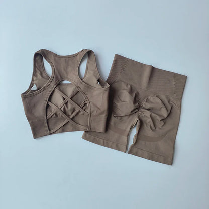 2-Piece Women’s Seamless Yoga Set – Sexy Sport Bra & High-Waist Shorts, Sleeveless Gym Fitness Workout Sportswear