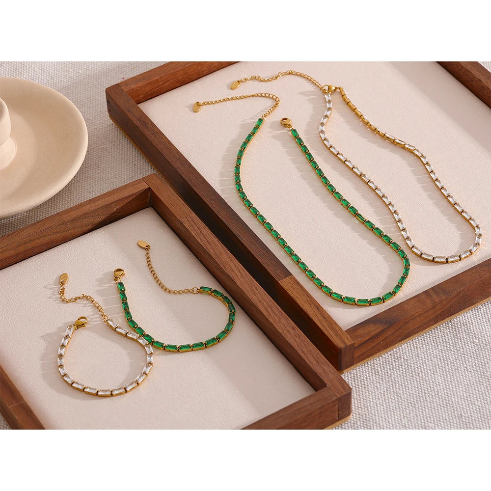 Yhpup Waterproof White & Green Cubic Zirconia Stainless Steel Necklace Bracelet Jewelry Set for Women