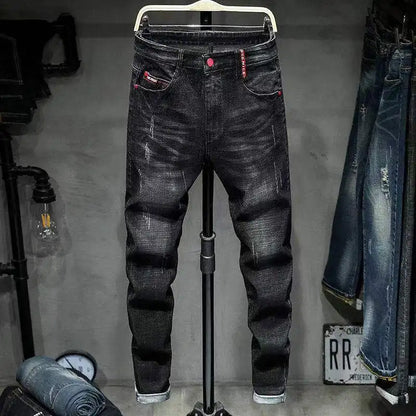 Luxury Korean Streetwear Slim Fit Denim Jeans – Punk Style with 3D Embroidery for Spring & Autumn