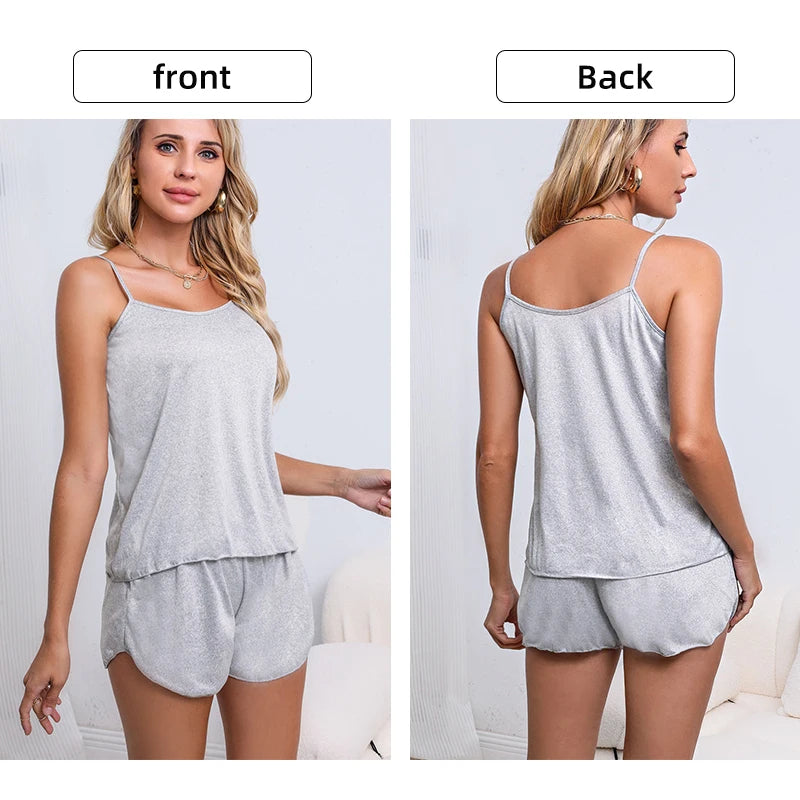Women’s Summer Pajama Set – Pink & Gray Camisole with Shorts, Soft Nightwear XL XXL