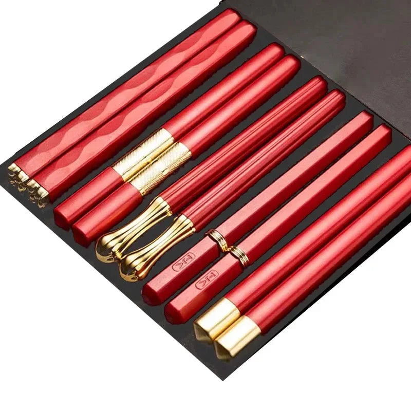 5 Pairs Japanese Reusable Chopsticks – Black Sushi Sticks for Food, Noodles, Alloy Chinese & Korean Kitchen Tableware