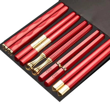 5 Pairs Japanese Reusable Chopsticks – Black Sushi Sticks for Food, Noodles, Alloy Chinese & Korean Kitchen Tableware